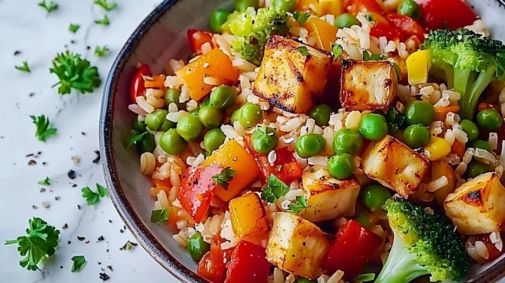 A colorful plate showcasing 5 easy vegetarian dinner favorites.