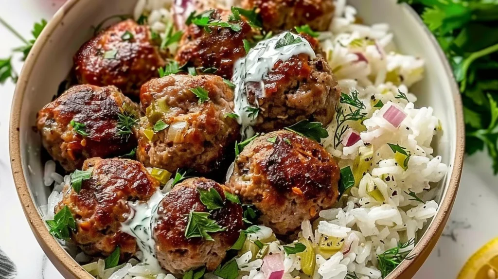 Baked Greek meatballs served over a bed of rice in a vibrant bowl.