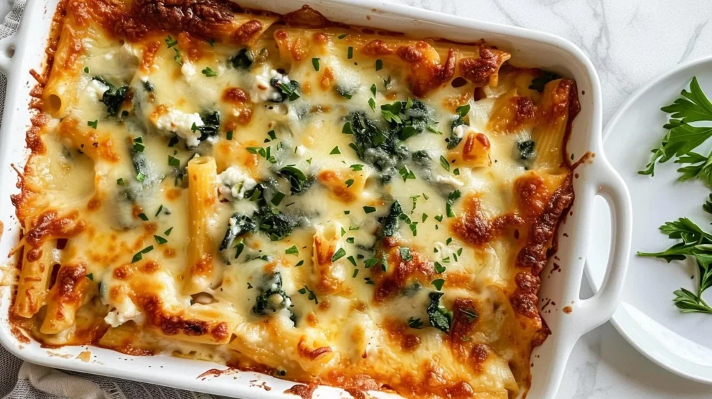 Delicious baked ziti with spinach and ricotta topped with melted cheese.