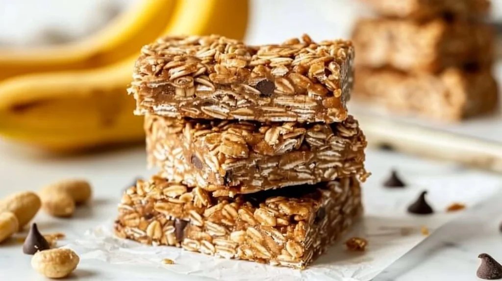 Delicious homemade banana snack bar cut into squares on a wooden table
