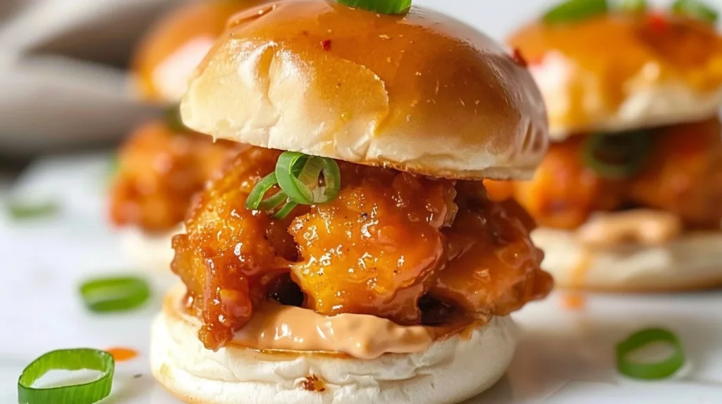 Plate of homemade Bang Bang Chicken Sliders garnished with fresh herbs.