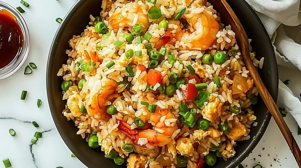 Plate of delicious fried rice garnished with vegetables and eggs