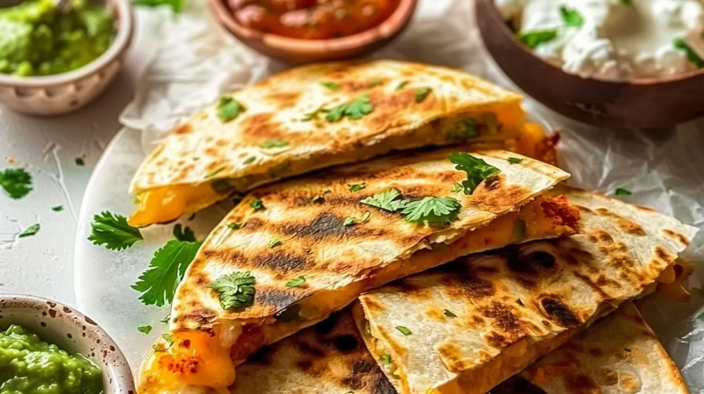 Delicious cheese quesadillas served with salsa and sour cream