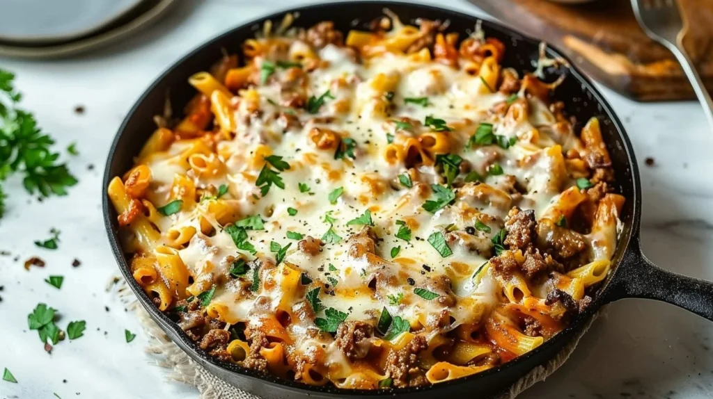Cheesy Beef Pasta Skillet topped with melted cheese and herbs in a skillet dish