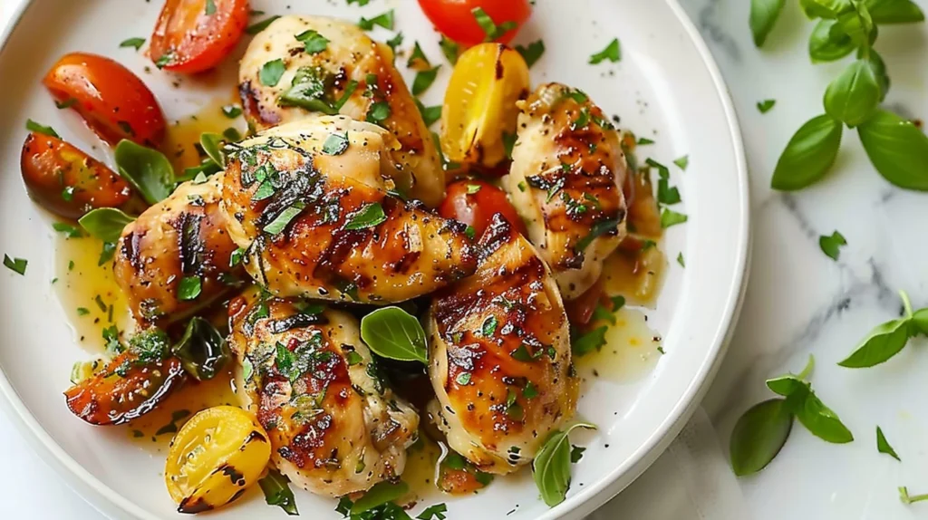 Grilled Chicken Salmoriglio with herbs and lemon on a plate.