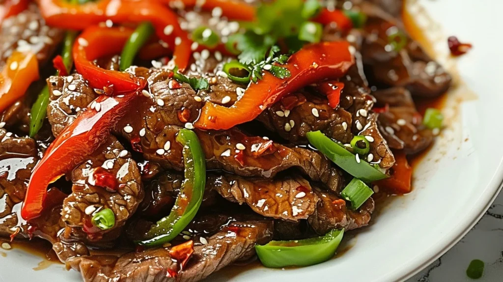Delicious Chinese Pepper Steak with tender beef and colorful bell peppers
