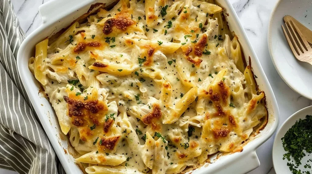 Delicious Creamy Chicken Alfredo Ziti Bake served in a ceramic dish.