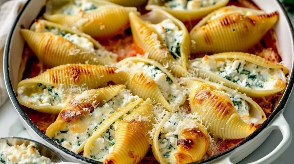 Creamy cottage cheese stuffed shells ready to serve on a plate.