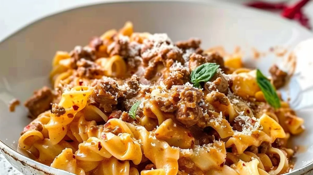 Creamy ground sausage pasta served in a bowl, garnished with herbs.