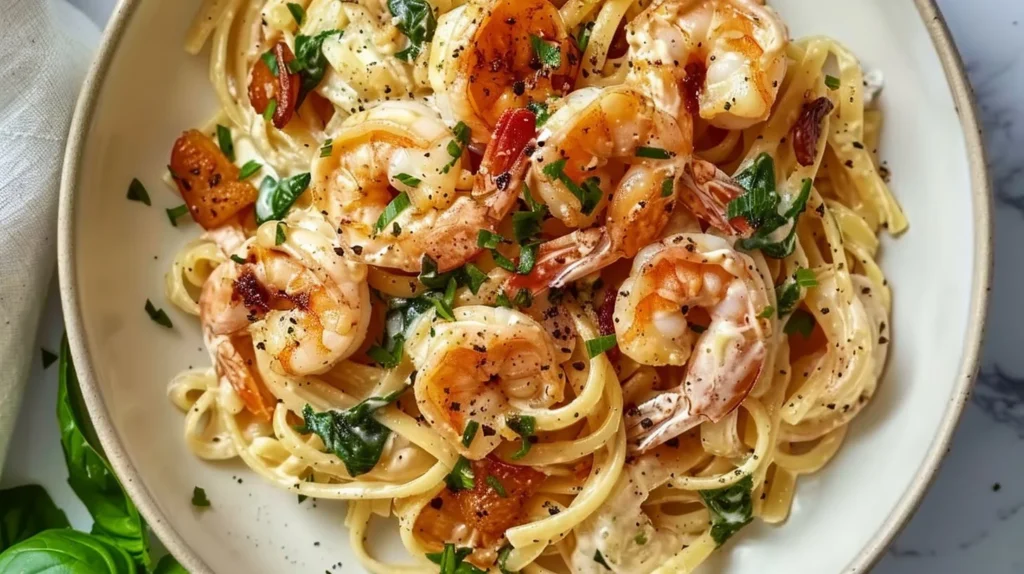 Delicious creamy shrimp pasta dish served in a bowl