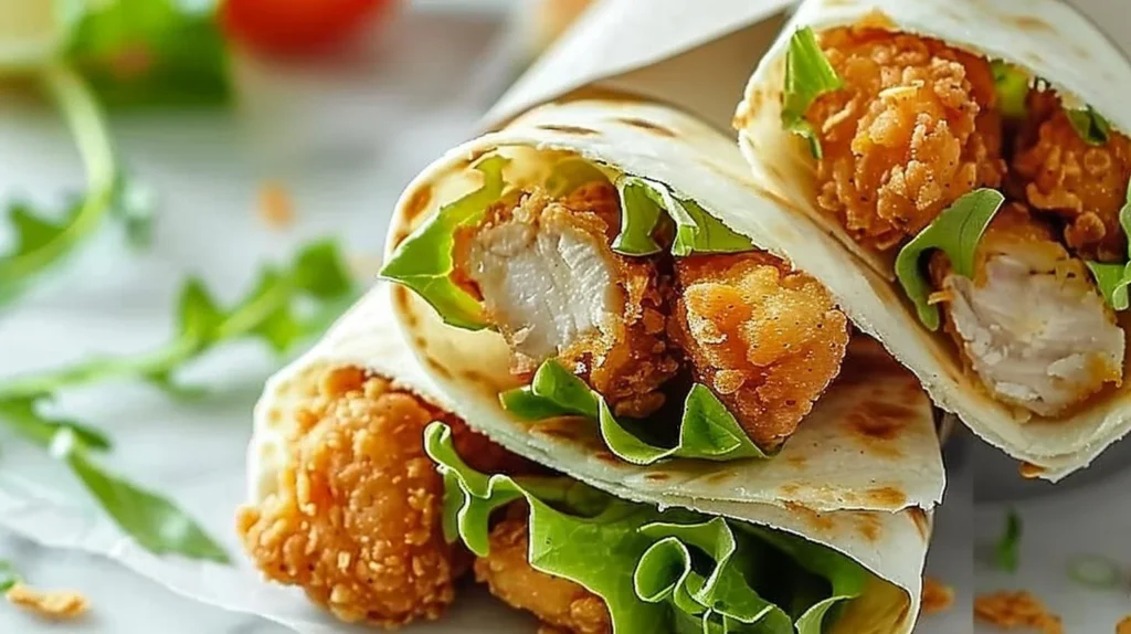 Delicious crispy chicken wraps served with fresh vegetables