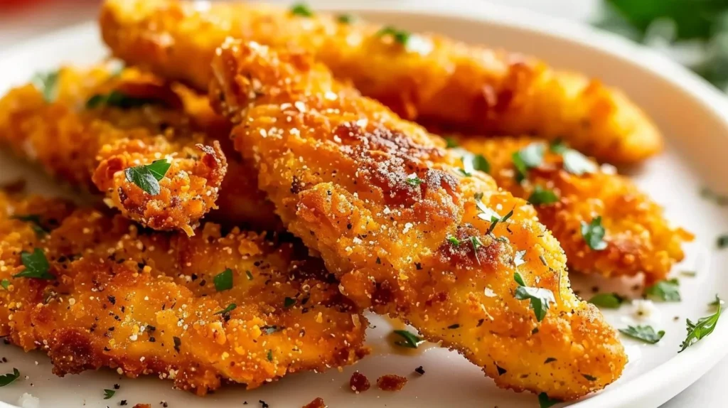 Crispy homemade baked chicken tenders served on a plate with dipping sauce.