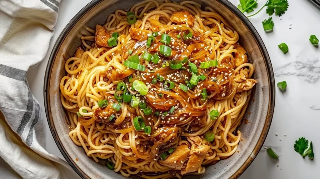 Crockpot Sticky Garlic Chicken Noodles served in a bowl with herbs