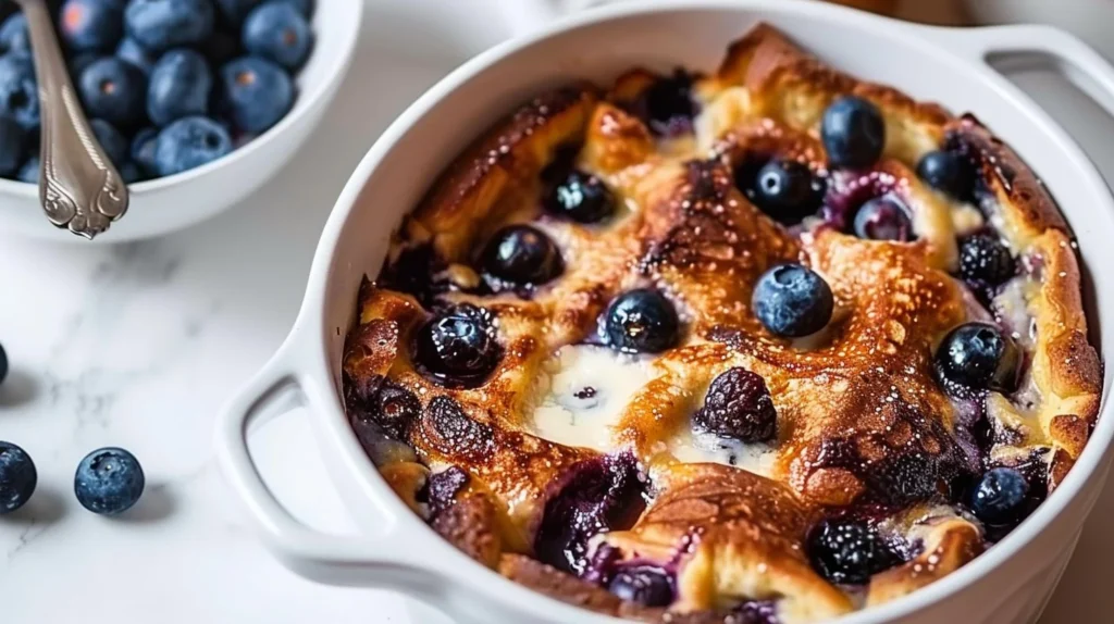 Delicious Easy Blueberry French Toast Casserole served with syrup