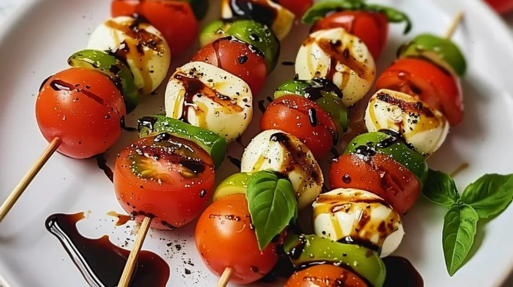 Delicious Caprese skewers with cherry tomatoes, mozzarella, and basil drizzled with balsamic glaze.
