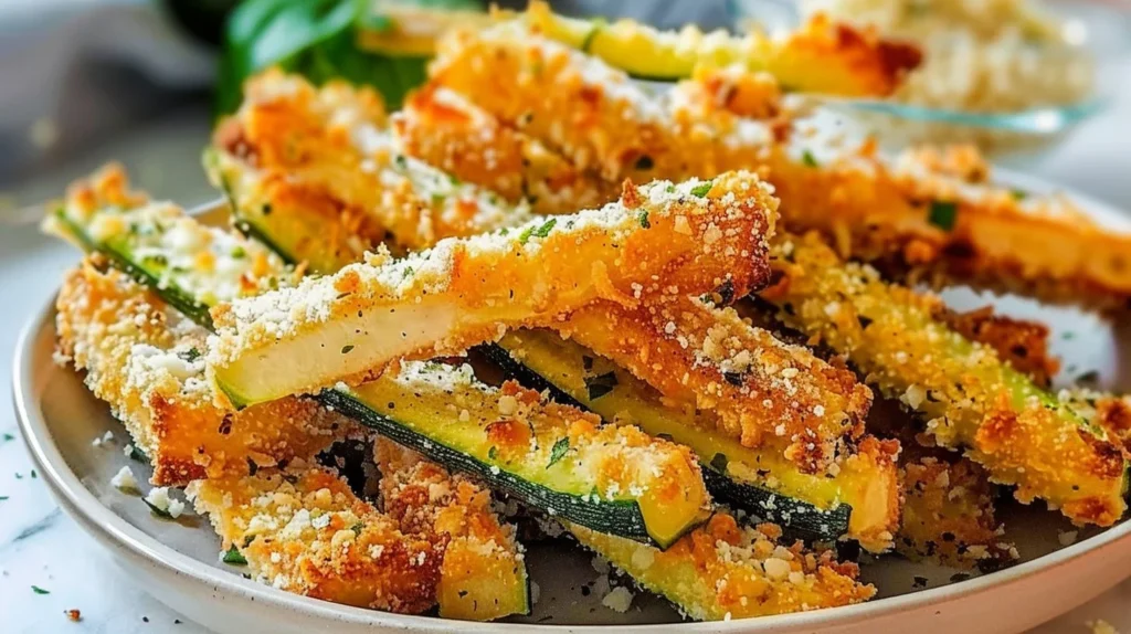 Crispy parmesan zucchini fries served on a plate, perfect for a tasty snack.