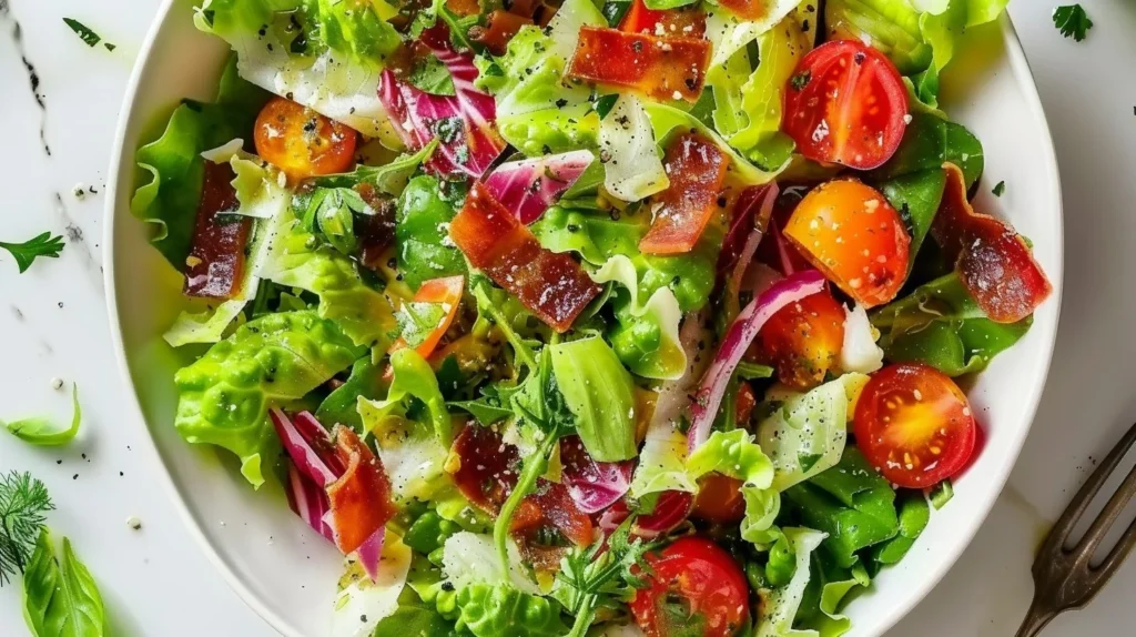 Elegant salad topped with mustard vinaigrette dressing and fresh vegetables