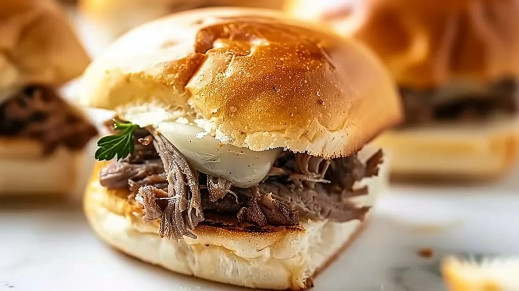 Delicious French dip sliders served on a platter with dipping sauce.