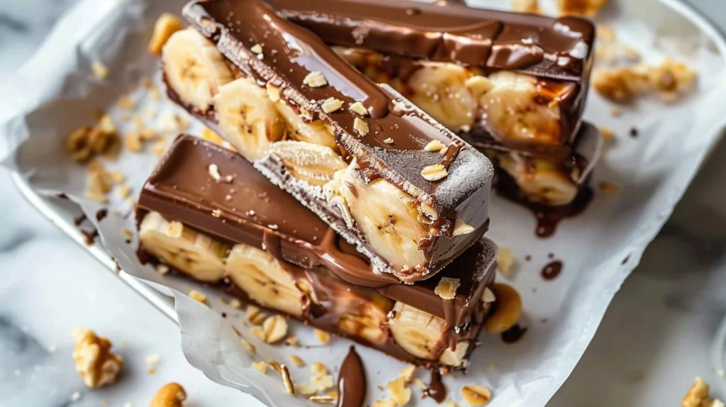 Frozen Banana Snickers dessert with chocolate and peanuts