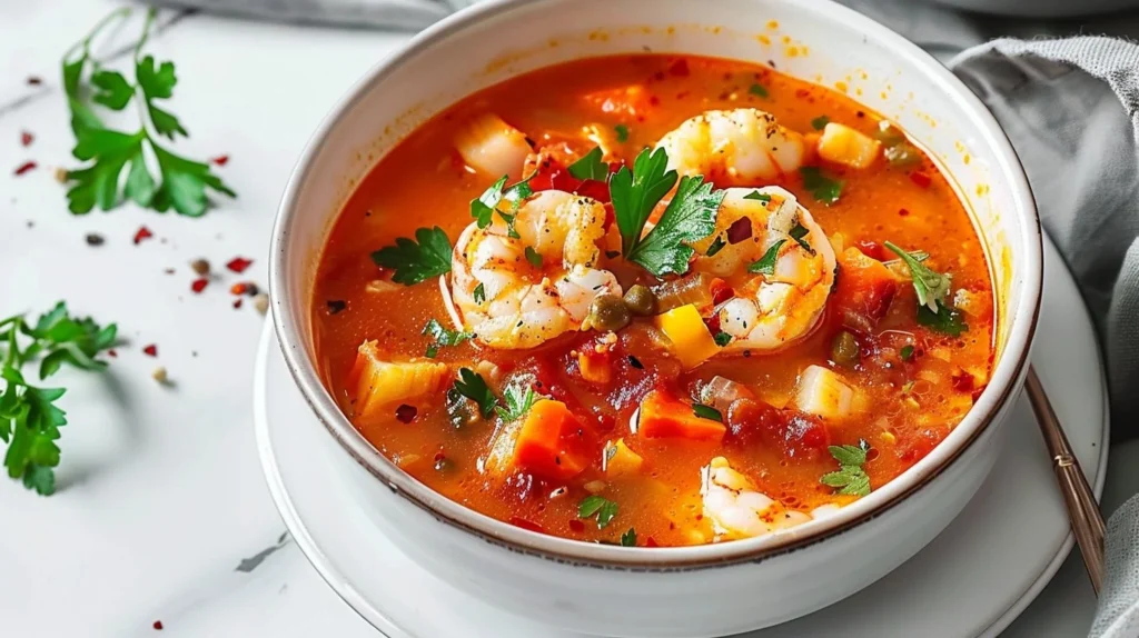 Bowl of hearty fish stew with fresh seafood and vegetables