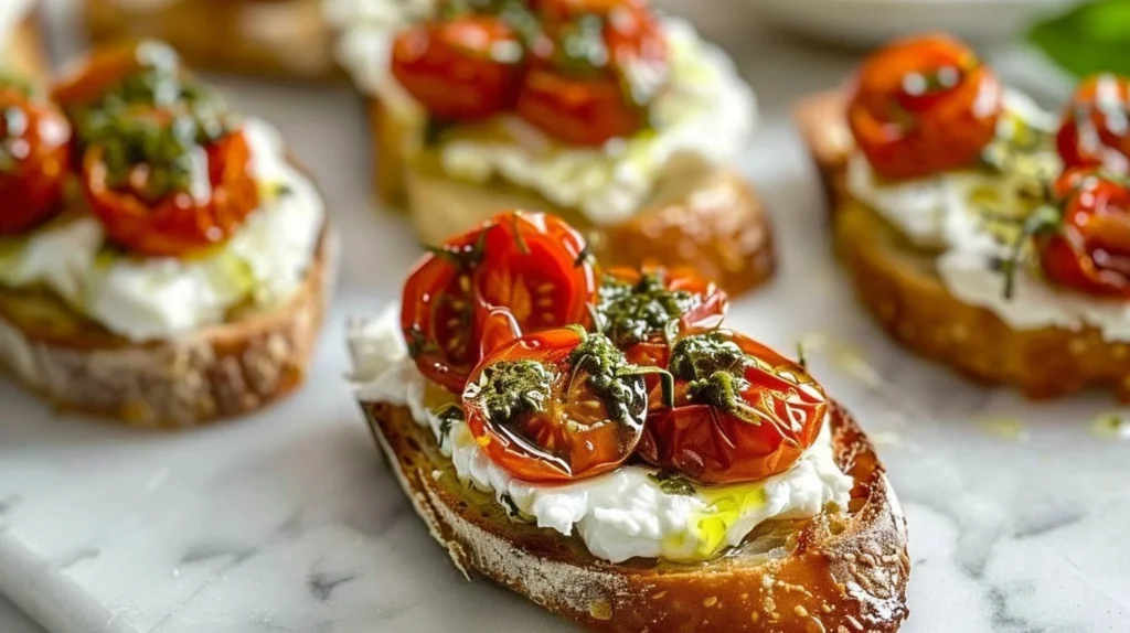 Italian crostini topped with burrata cheese and roasted tomatoes