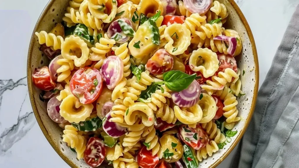 Bowl of Italian Grinder Pasta Salad with vegetables and dressing