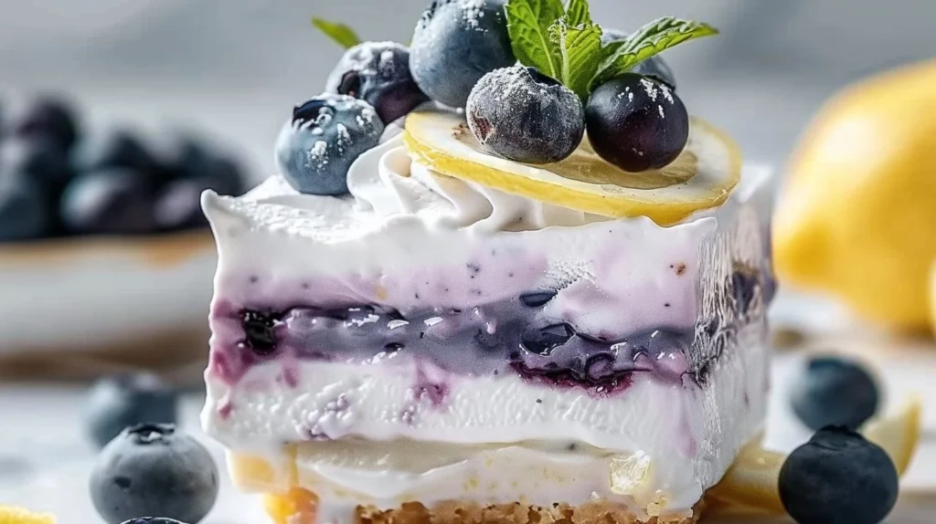 Delicious Lemon Blueberry Lush dessert with layers of lemon and blueberries