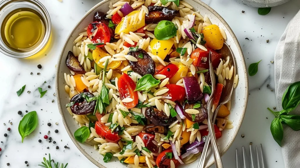 Mediterranean orzo salad with roasted vegetables served in a colorful bowl