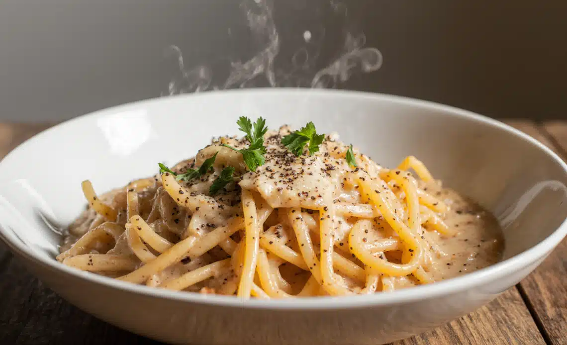 A pot filled with creamy white pasta shells, garnished with fresh parsley and grated parmesan cheese. Easy one pot dinner recipe.