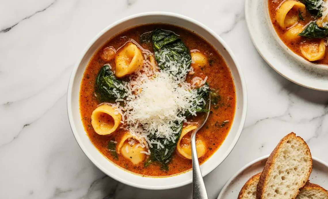 A white bowl filled with tomato broth, cheese tortellini, and wilted spinach, spoon resting on the side. Quick healthy lunch soup.