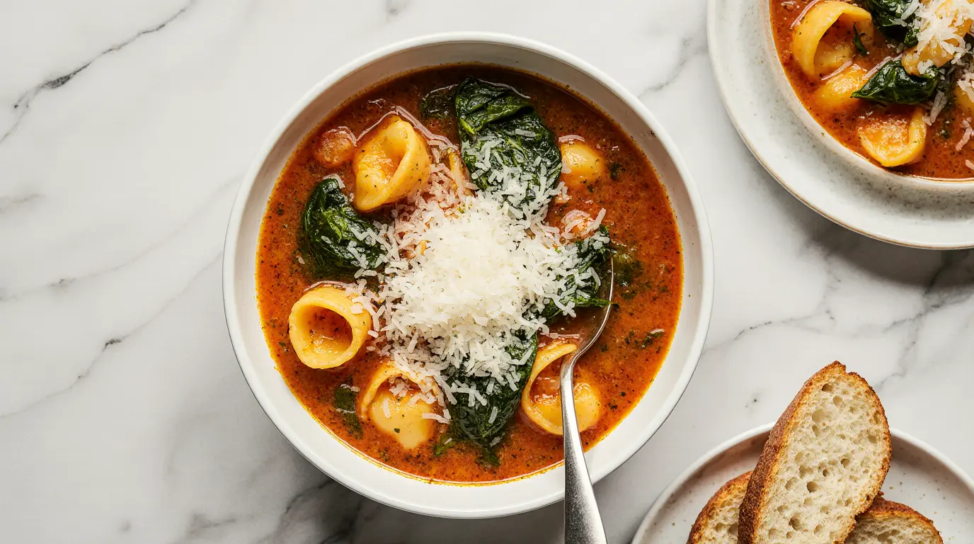 A white bowl filled with tomato broth, cheese tortellini, and wilted spinach, spoon resting on the side. Quick healthy lunch soup.
