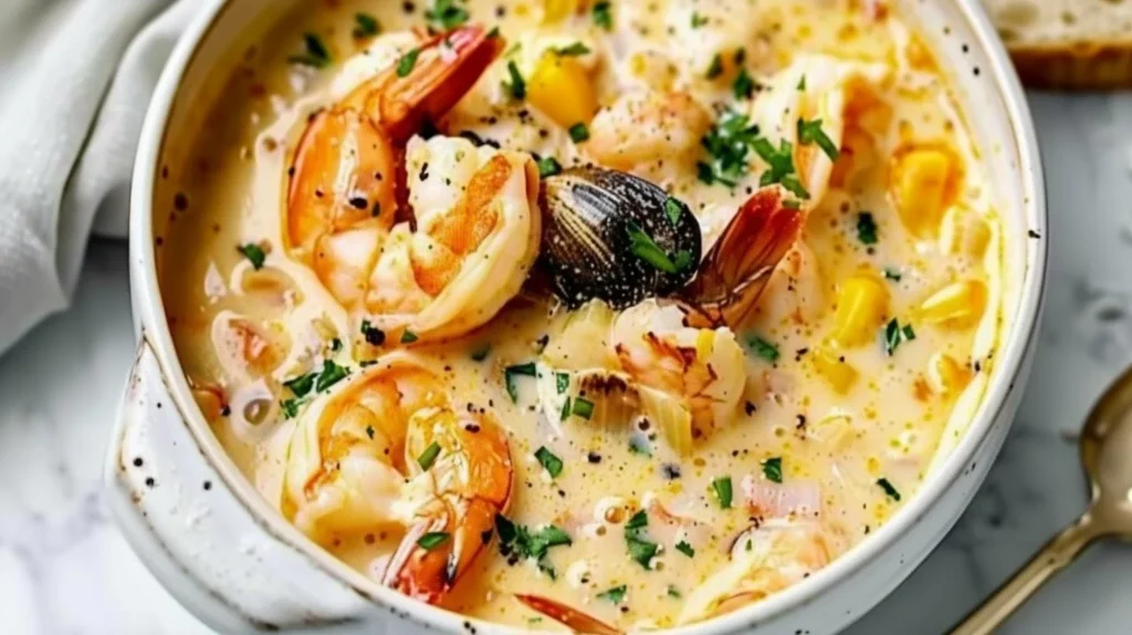 Delicious bowl of seafood chowder topped with herbs and served in a rustic dish