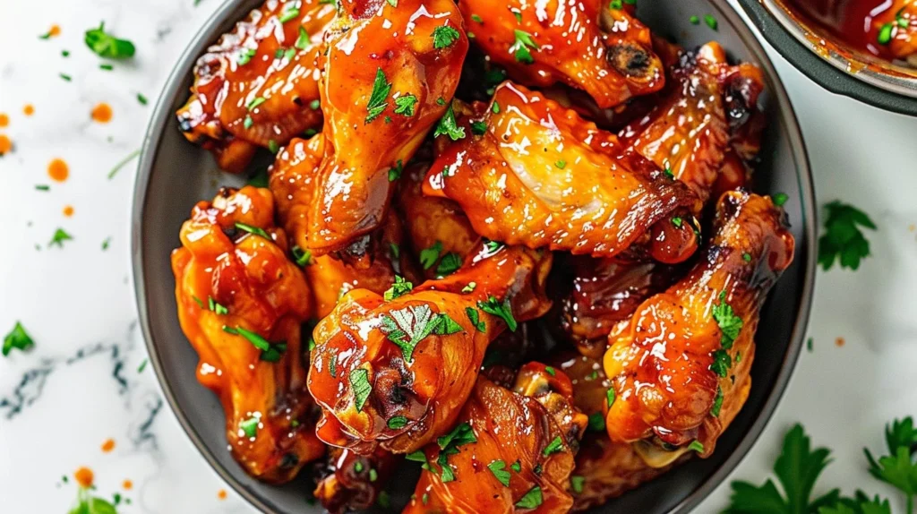 Delicious slow cooker Buffalo wings garnished with celery and blue cheese