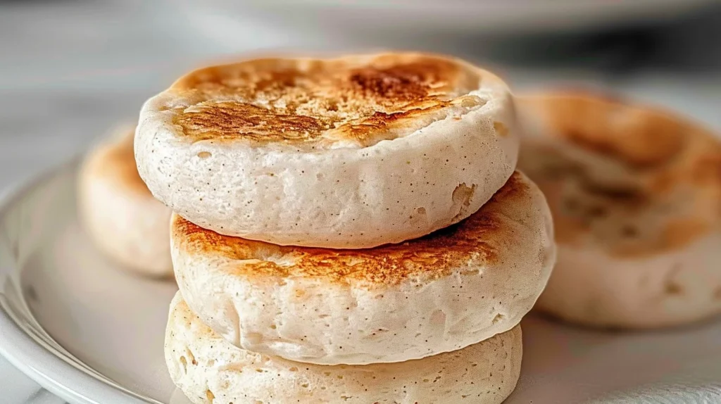 Fluffy sourdough English muffins fresh from the oven