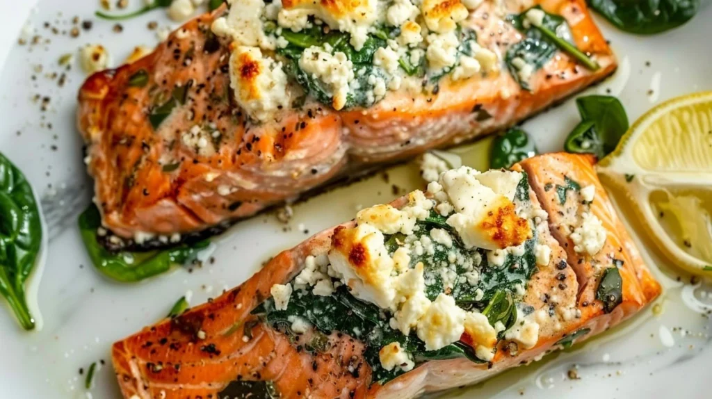 Delicious Spinach and Feta Stuffed Salmon served with lemon wedges.