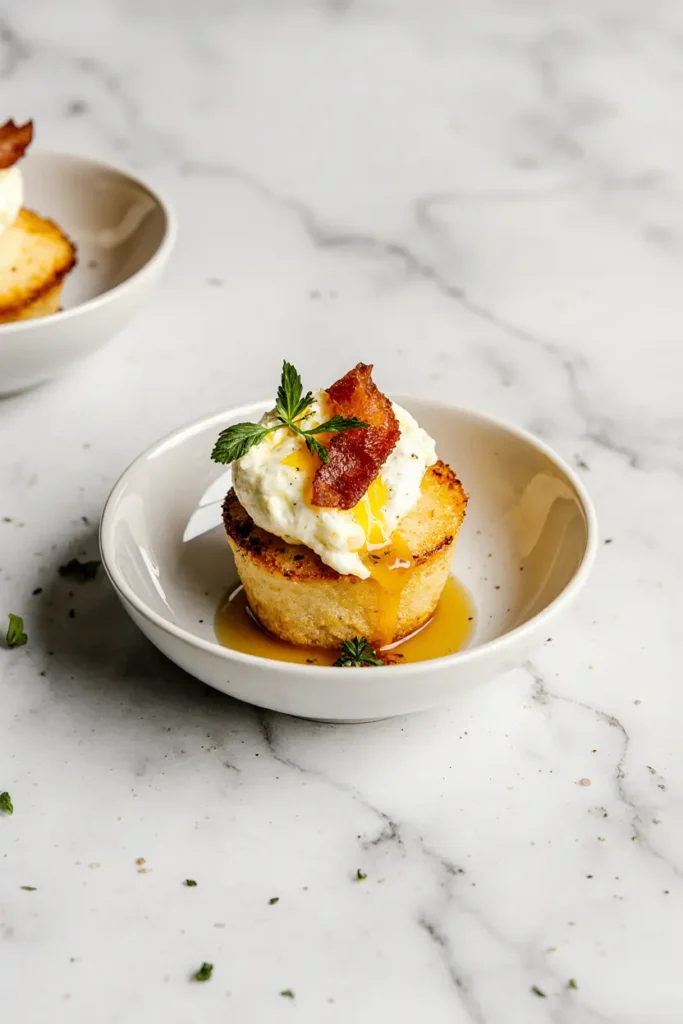 A plate of golden yellow egg bites with visible bacon pieces, stacked on a white marble table. Starbucks copycat breakfast recipe.