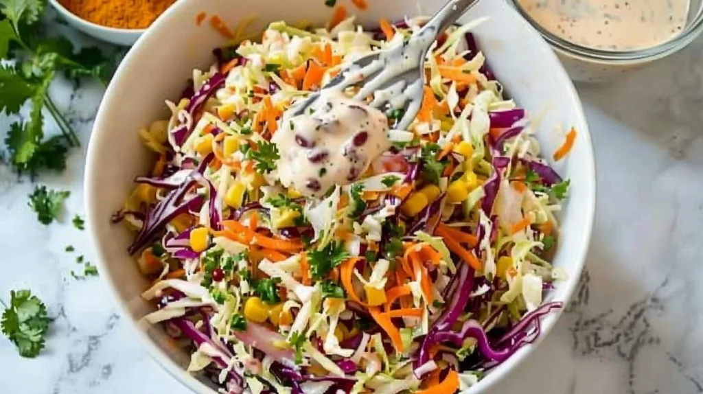 Colorful Tex-Mex shredded cabbage salad with fresh ingredients