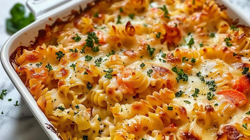 Cheesy vegetable pasta bake topped with melted cheese and colorful veggies