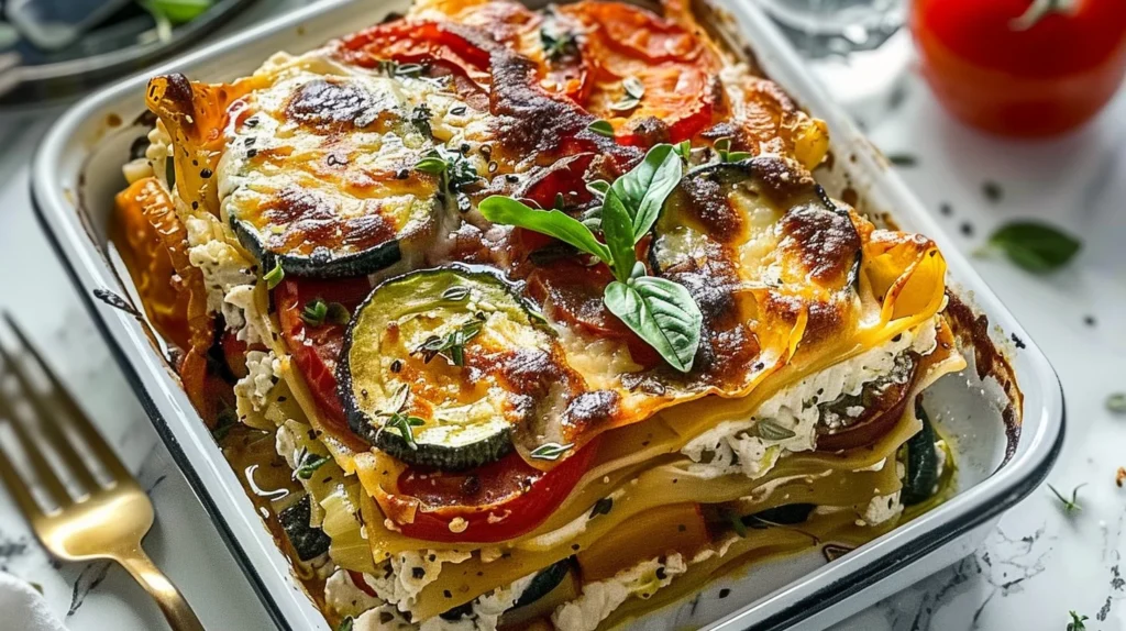 Slice of vegetarian ricotta lasagna layered with roasted Mediterranean vegetables