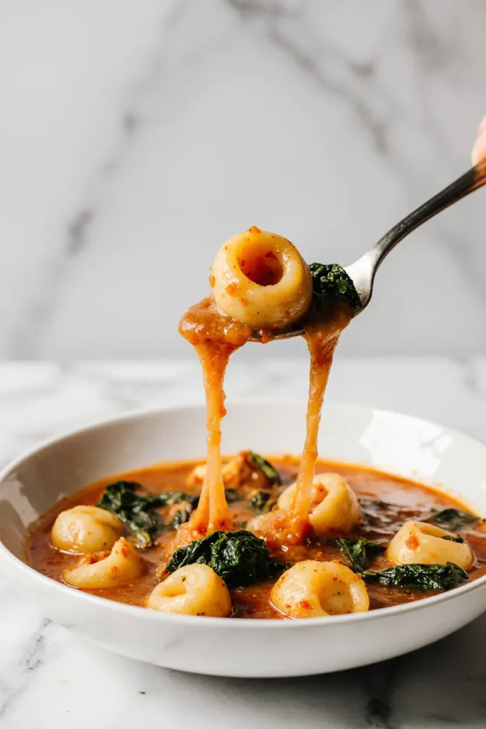 A white bowl filled with tomato broth, cheese tortellini, and wilted spinach, spoon resting on the side. Quick healthy lunch soup.