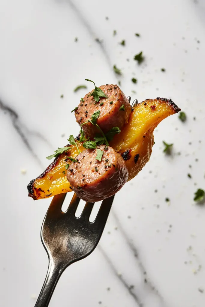 A large sheet pan filled with roasted sausage slices, broccoli, and colorful peppers on a marble counter. Easy sheet pan dinner.