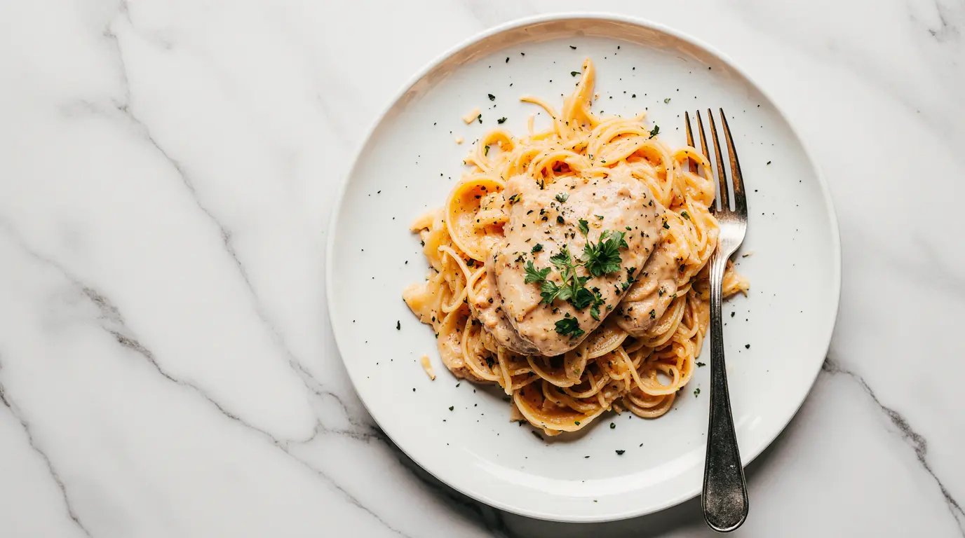 Skillet filled with golden chicken breasts in a creamy orange sauce with sun-dried tomatoes and basil leaves. Marry Me Chicken recipe.