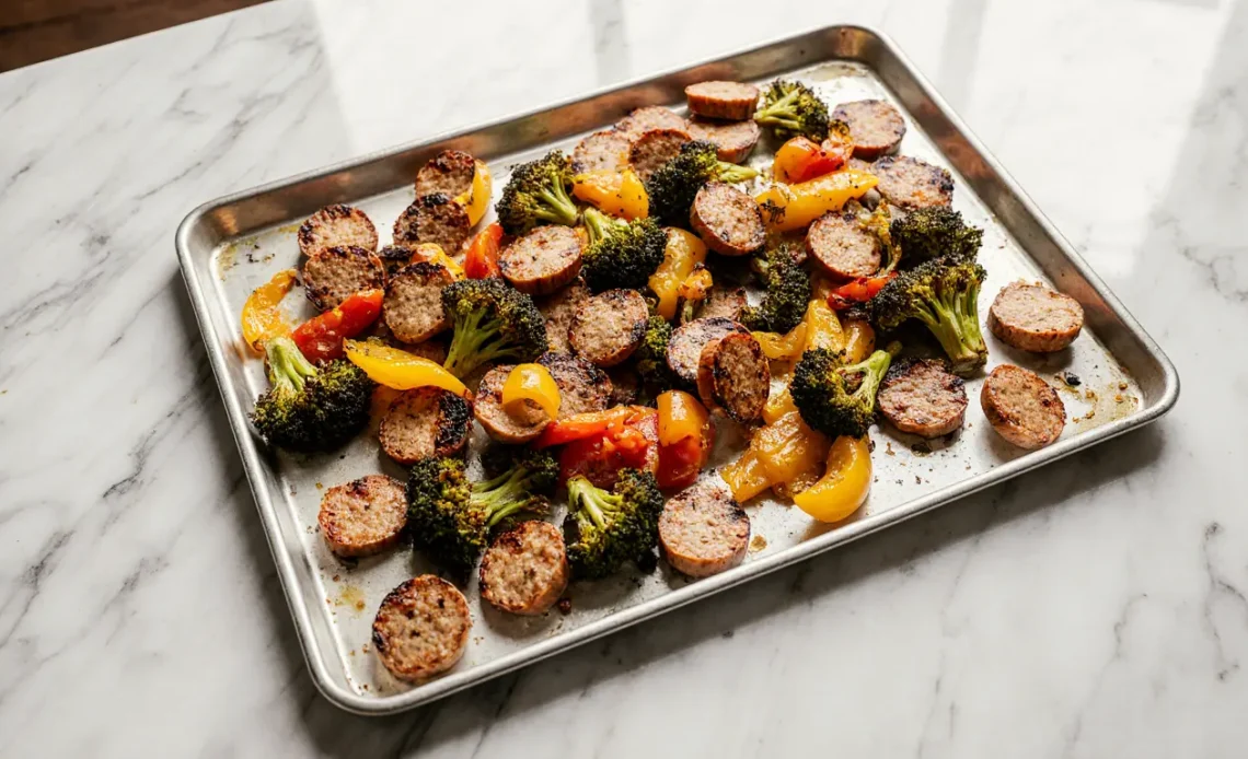 A large sheet pan filled with roasted sausage slices, broccoli, and colorful peppers on a marble counter. Easy sheet pan dinner.