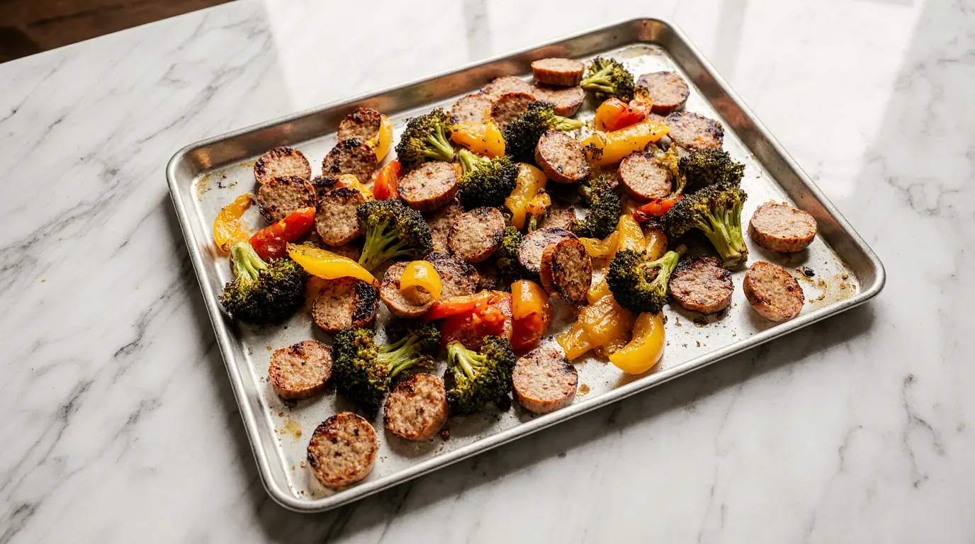 A large sheet pan filled with roasted sausage slices, broccoli, and colorful peppers on a marble counter. Easy sheet pan dinner.