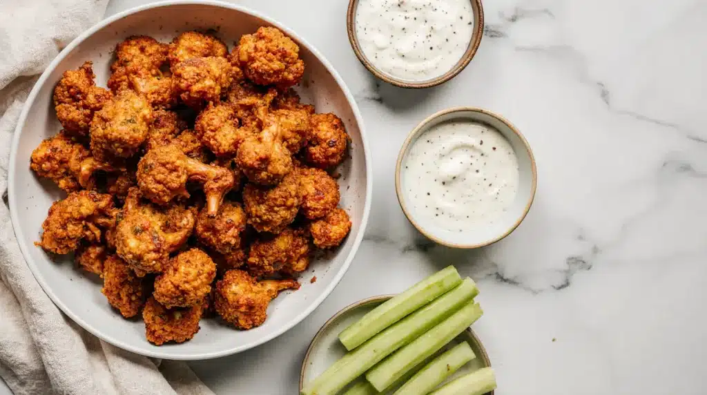A bowl of red crispy buffalo cauliflower bites next to a small bowl of white ranch dip and celery sticks. Healthy air fryer snack.