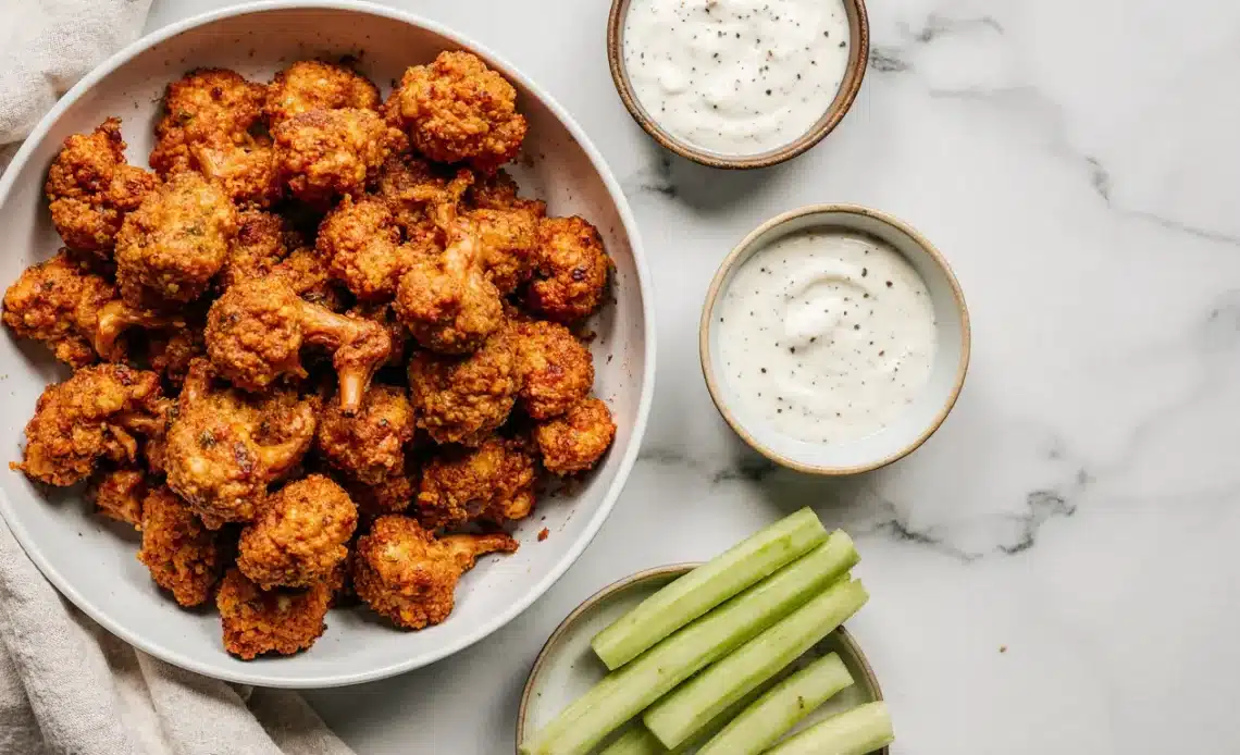 A bowl of red crispy buffalo cauliflower bites next to a small bowl of white ranch dip and celery sticks. Healthy air fryer snack.