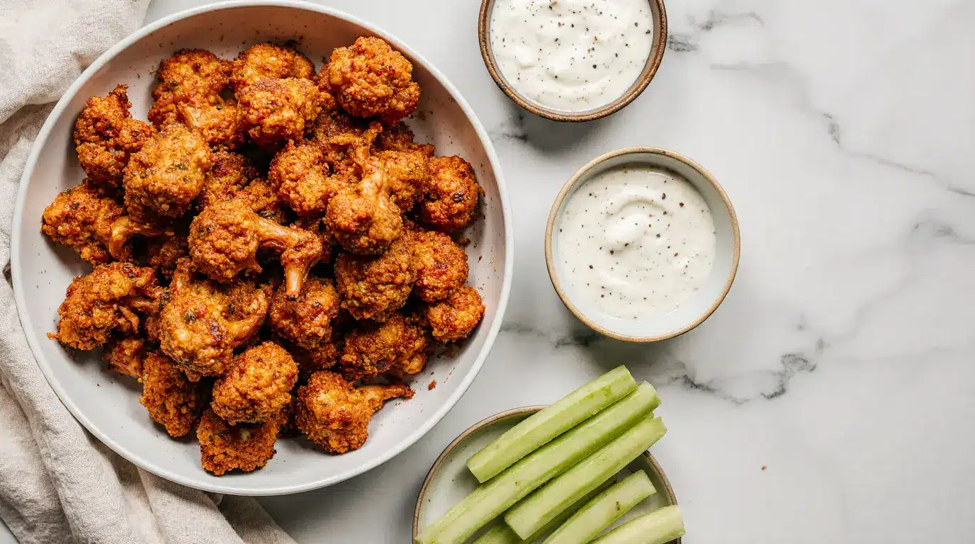 A bowl of red crispy buffalo cauliflower bites next to a small bowl of white ranch dip and celery sticks. Healthy air fryer snack.