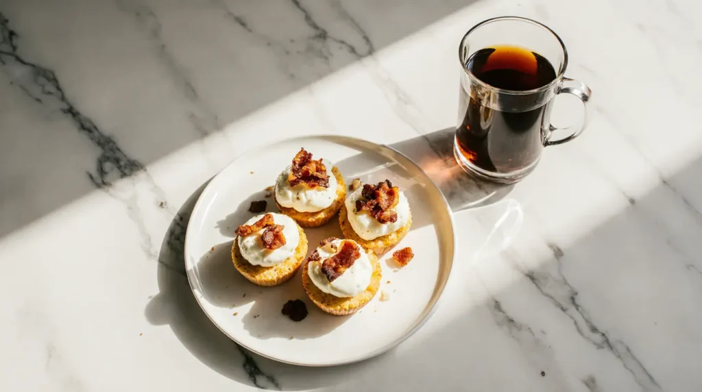 A plate of golden yellow egg bites with visible bacon pieces, stacked on a white marble table. Starbucks copycat breakfast recipe.
