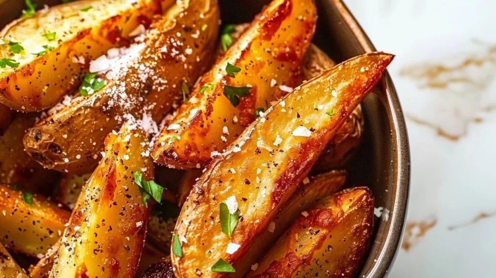 Crispy air fryer potato wedges served with dipping sauce on a plate.