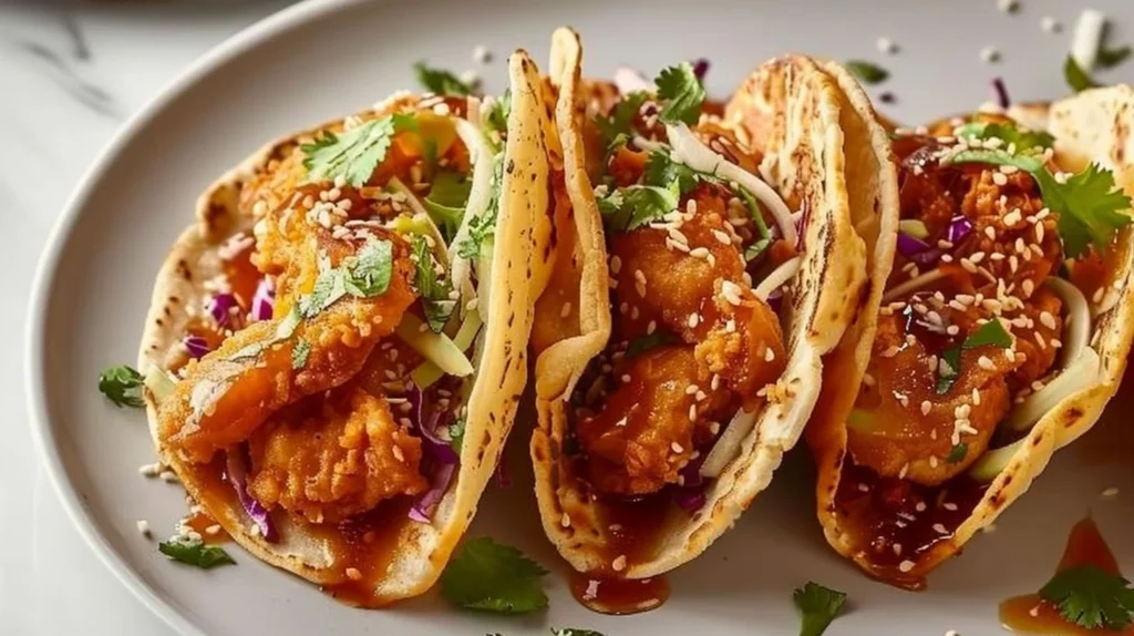 Plate of Chicken Wonton Tacos from Applebee's with garnishes